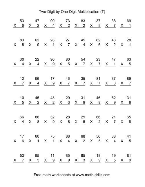 The Multiplying Two-Digit by One-Digit -- 64 per page (T) Math Worksheet
