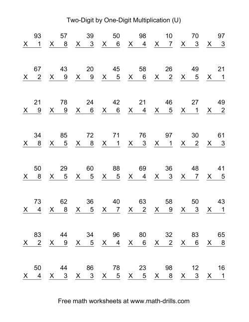 The Multiplying Two-Digit by One-Digit -- 64 per page (U) Math Worksheet