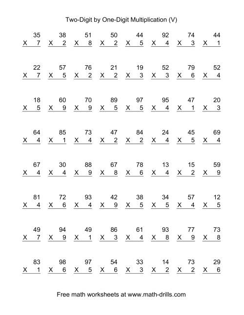 The Multiplying Two-Digit by One-Digit -- 64 per page (V) Math Worksheet