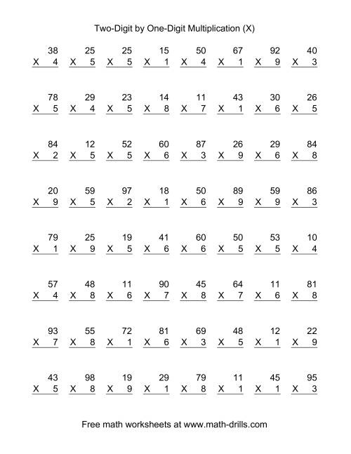 The Multiplying Two-Digit by One-Digit -- 64 per page (X) Math Worksheet