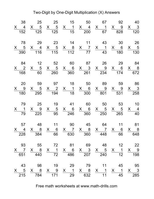 The Multiplying Two-Digit by One-Digit -- 64 per page (X) Math Worksheet Page 2
