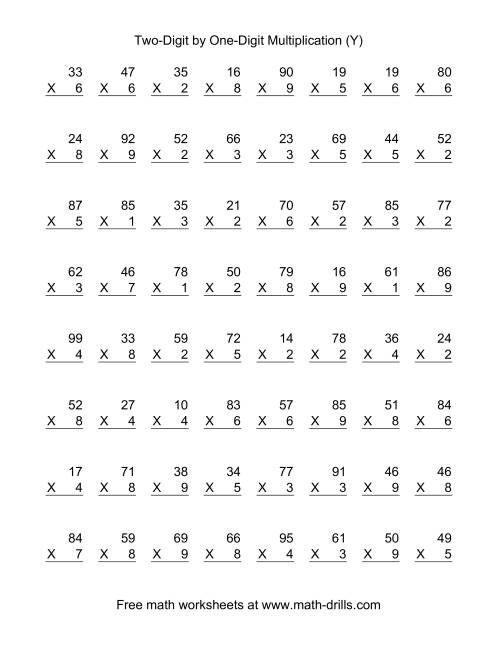 The Multiplying Two-Digit by One-Digit -- 64 per page (Y) Math Worksheet