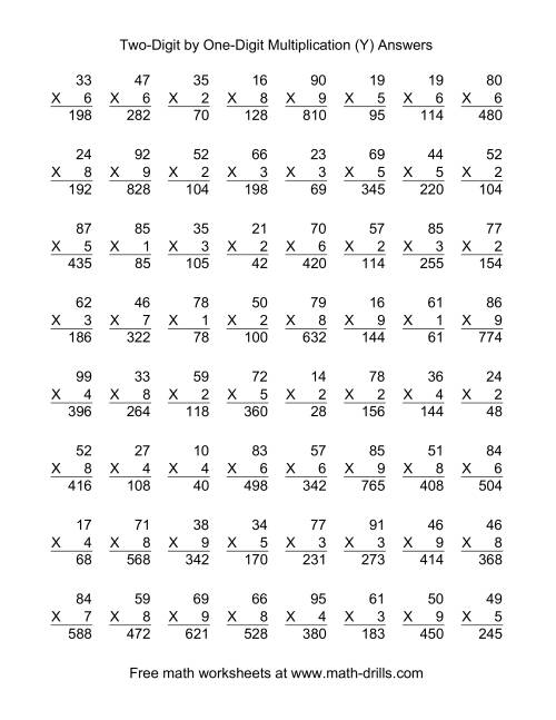 The Multiplying Two-Digit by One-Digit -- 64 per page (Y) Math Worksheet Page 2