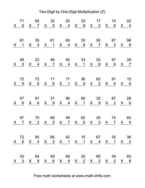 The Multiplying Two-Digit by One-Digit -- 64 per page (Z) Math Worksheet