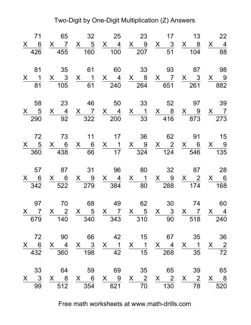 The Multiplying Two-Digit by One-Digit -- 64 per page (Z) Math Worksheet Page 2