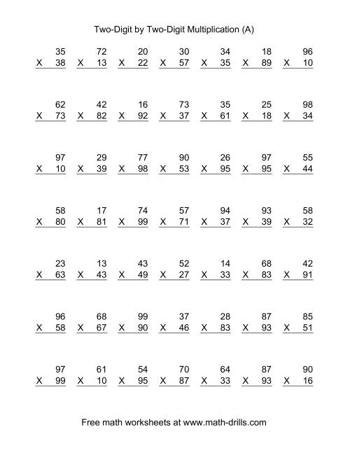 The Multiplying Two-Digit by Two-Digit -- 49 per page (A) Math Worksheet