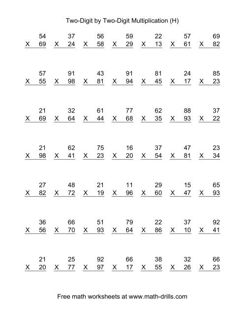 The Multiplying Two-Digit by Two-Digit -- 49 per page (H) Math Worksheet
