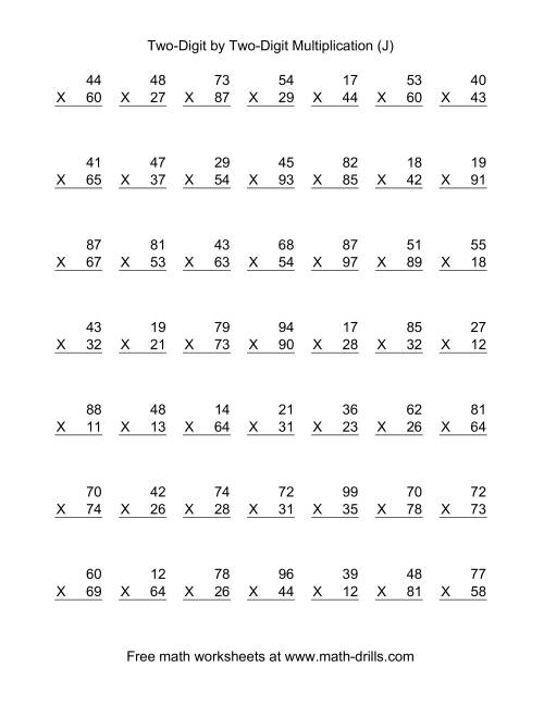 The Multiplying Two-Digit by Two-Digit -- 49 per page (J) Math Worksheet