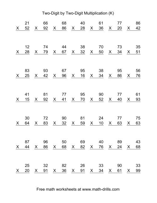 The Multiplying Two-Digit by Two-Digit -- 49 per page (K) Math Worksheet