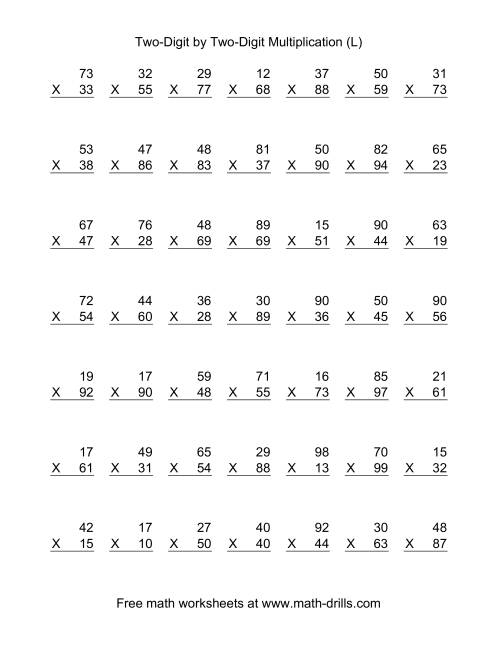 The Multiplying Two-Digit by Two-Digit -- 49 per page (L) Math Worksheet