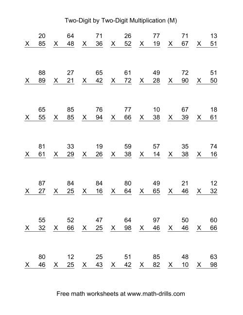 The Multiplying Two-Digit by Two-Digit -- 49 per page (M) Math Worksheet