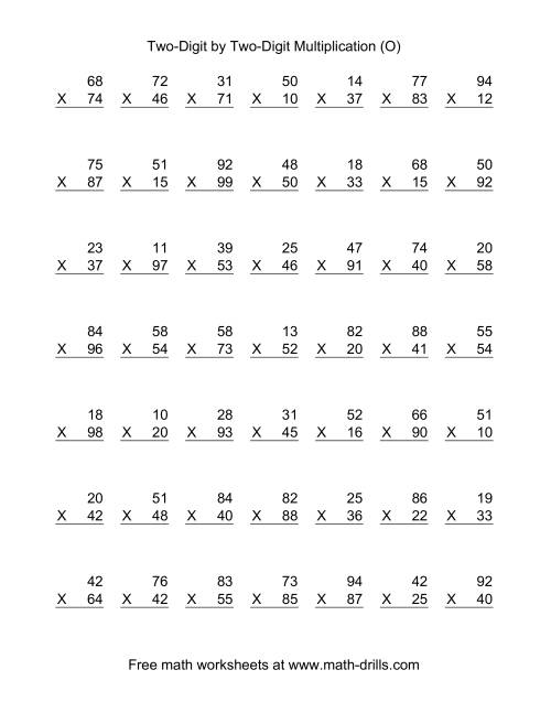 The Multiplying Two-Digit by Two-Digit -- 49 per page (O) Math Worksheet