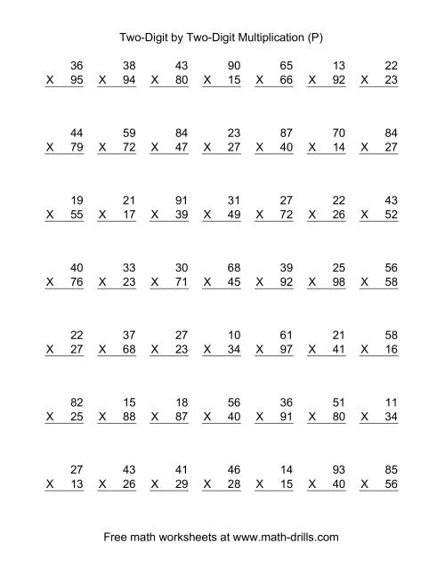 The Multiplying Two-Digit by Two-Digit -- 49 per page (P) Math Worksheet