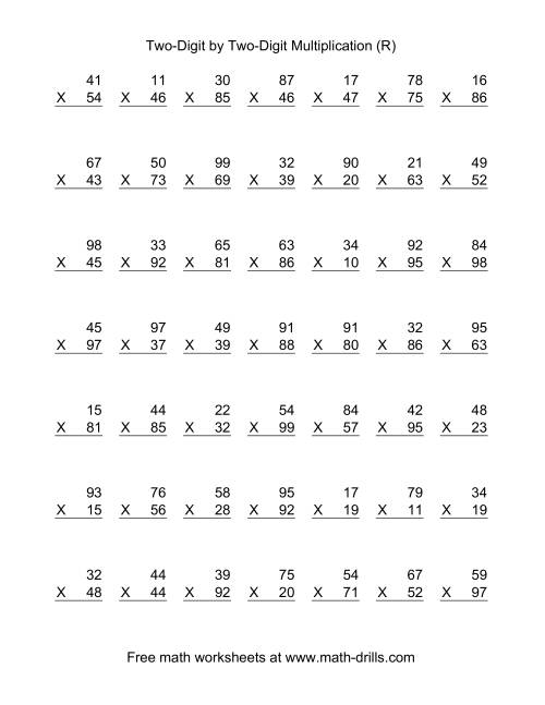 The Multiplying Two-Digit by Two-Digit -- 49 per page (R) Math Worksheet