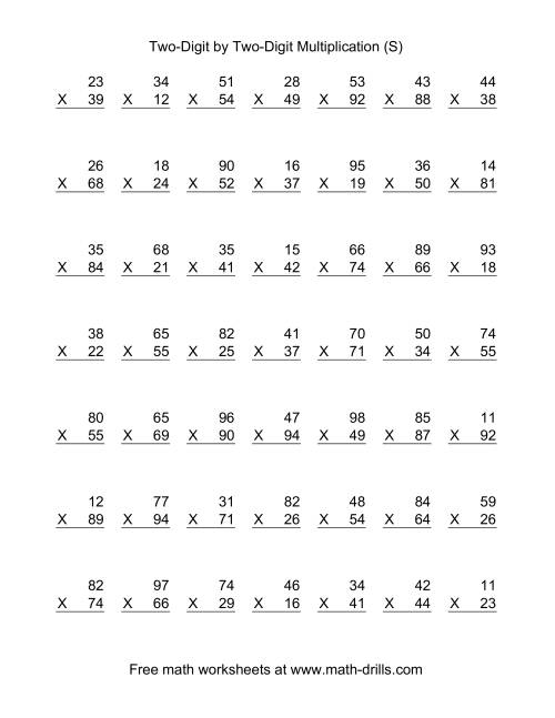 The Multiplying Two-Digit by Two-Digit -- 49 per page (S) Math Worksheet