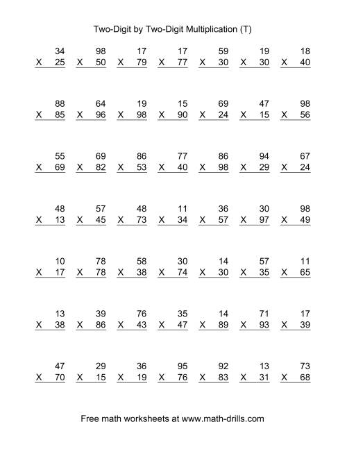 The Multiplying Two-Digit by Two-Digit -- 49 per page (T) Math Worksheet