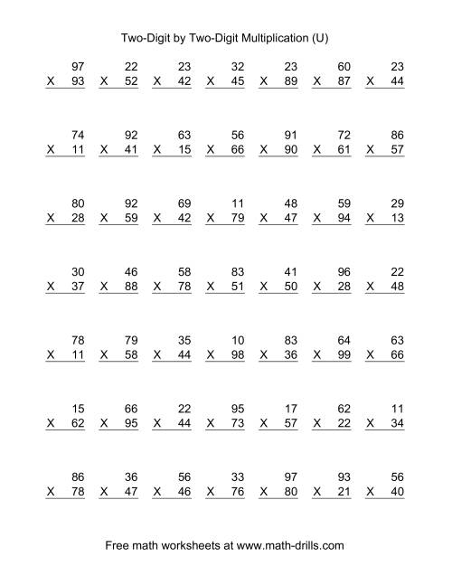 The Multiplying Two-Digit by Two-Digit -- 49 per page (U) Math Worksheet