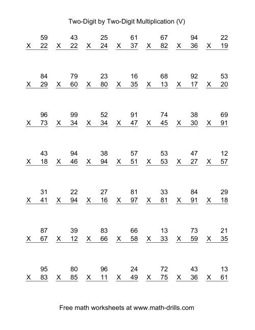 The Multiplying Two-Digit by Two-Digit -- 49 per page (V) Math Worksheet