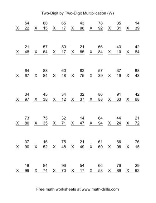The Multiplying Two-Digit by Two-Digit -- 49 per page (W) Math Worksheet