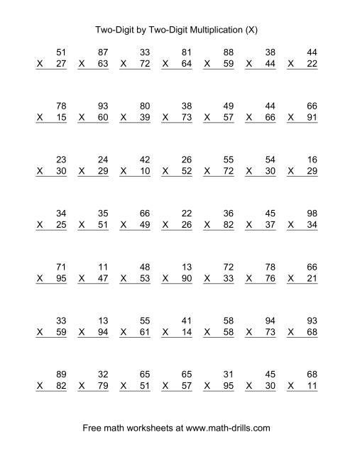 The Multiplying Two-Digit by Two-Digit -- 49 per page (X) Math Worksheet