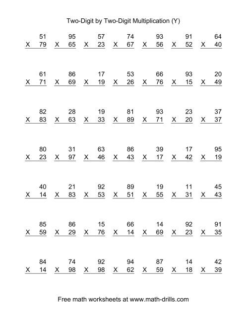 The Multiplying Two-Digit by Two-Digit -- 49 per page (Y) Math Worksheet