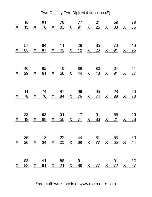 The Multiplying Two-Digit by Two-Digit -- 49 per page (Z) Math Worksheet