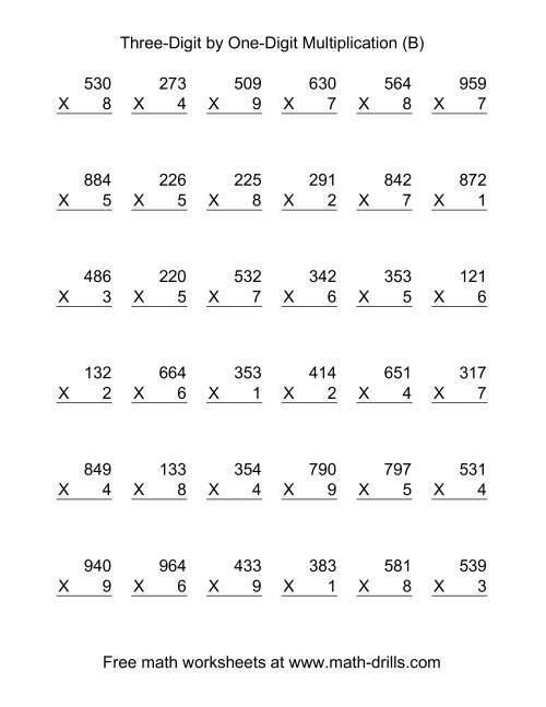 The Multiplying Three-Digit by One-Digit -- 36 per page (B) Math Worksheet