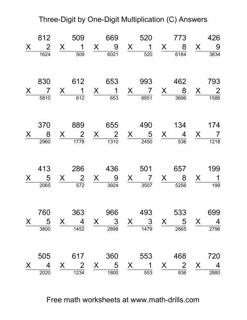 The Multiplying Three-Digit by One-Digit -- 36 per page (C) Math Worksheet Page 2