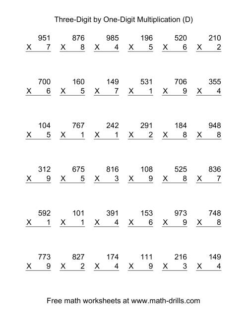 The Multiplying Three-Digit by One-Digit -- 36 per page (D) Math Worksheet