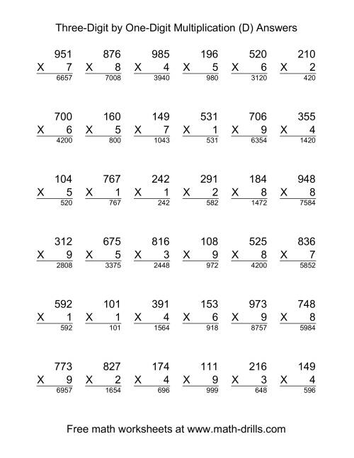 The Multiplying Three-Digit by One-Digit -- 36 per page (D) Math Worksheet Page 2