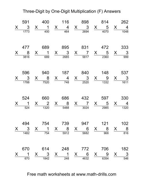 The Multiplying Three-Digit by One-Digit -- 36 per page (F) Math Worksheet Page 2