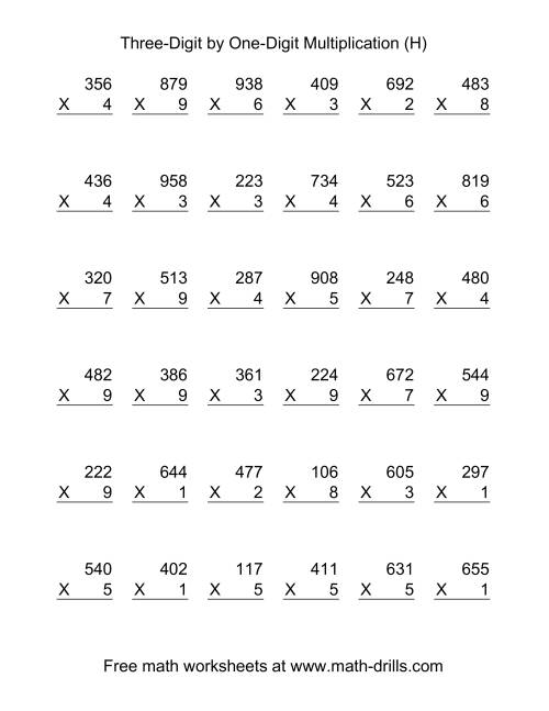 The Multiplying Three-Digit by One-Digit -- 36 per page (H) Math Worksheet