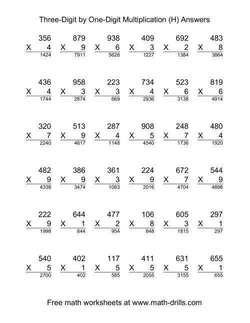 The Multiplying Three-Digit by One-Digit -- 36 per page (H) Math Worksheet Page 2