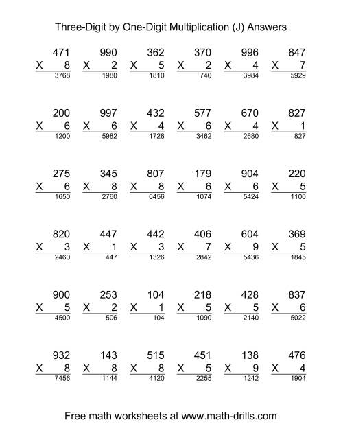 The Multiplying Three-Digit by One-Digit -- 36 per page (J) Math Worksheet Page 2