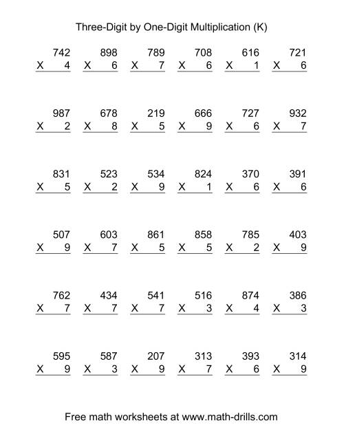 The Multiplying Three-Digit by One-Digit -- 36 per page (K) Math Worksheet