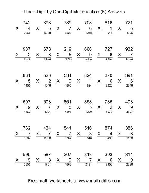 The Multiplying Three-Digit by One-Digit -- 36 per page (K) Math Worksheet Page 2