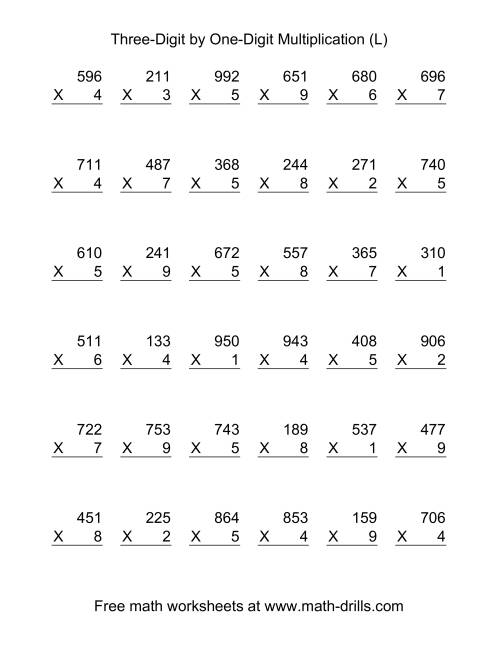 The Multiplying Three-Digit by One-Digit -- 36 per page (L) Math Worksheet
