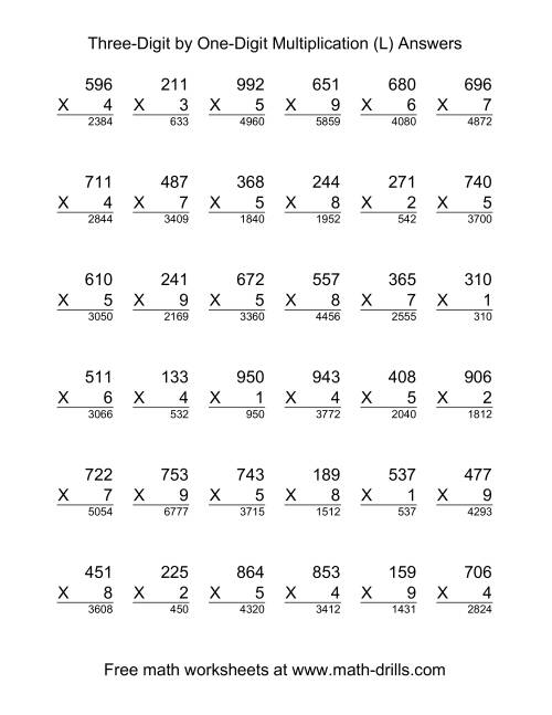 The Multiplying Three-Digit by One-Digit -- 36 per page (L) Math Worksheet Page 2