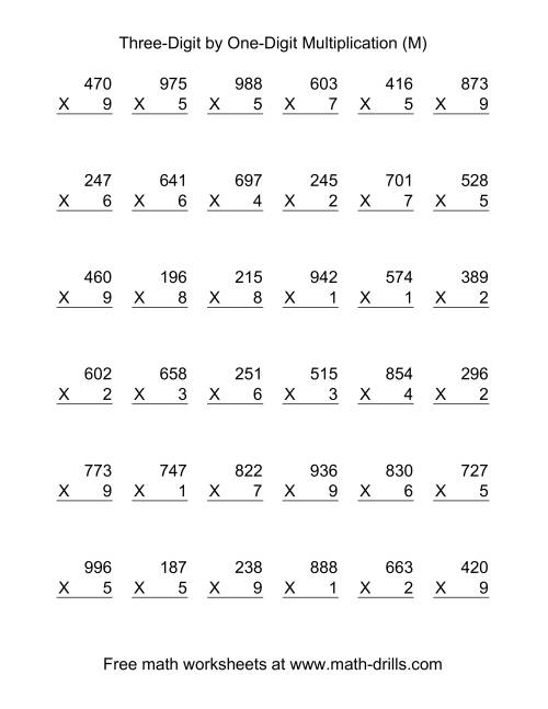The Multiplying Three-Digit by One-Digit -- 36 per page (M) Math Worksheet