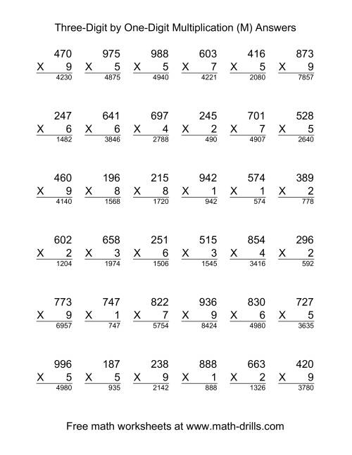 The Multiplying Three-Digit by One-Digit -- 36 per page (M) Math Worksheet Page 2