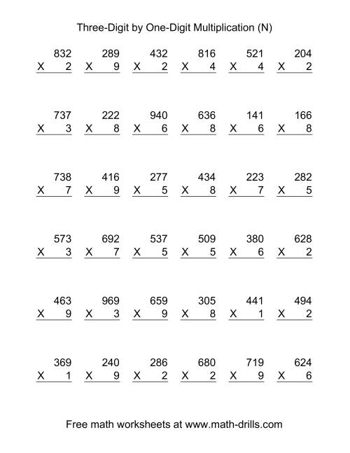 The Multiplying Three-Digit by One-Digit -- 36 per page (N) Math Worksheet