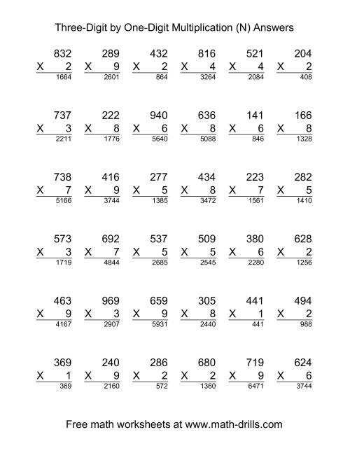 The Multiplying Three-Digit by One-Digit -- 36 per page (N) Math Worksheet Page 2