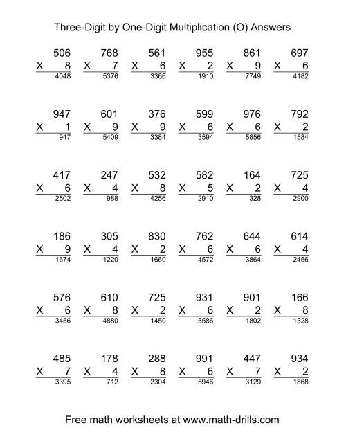 The Multiplying Three-Digit by One-Digit -- 36 per page (O) Math Worksheet Page 2