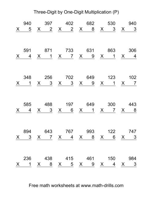 The Multiplying Three-Digit by One-Digit -- 36 per page (P) Math Worksheet