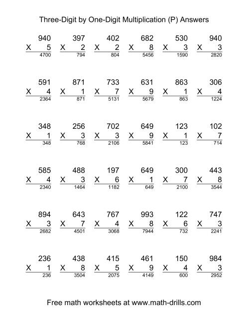 The Multiplying Three-Digit by One-Digit -- 36 per page (P) Math Worksheet Page 2