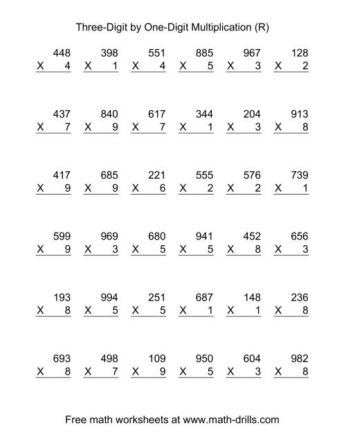 The Multiplying Three-Digit by One-Digit -- 36 per page (R) Math Worksheet