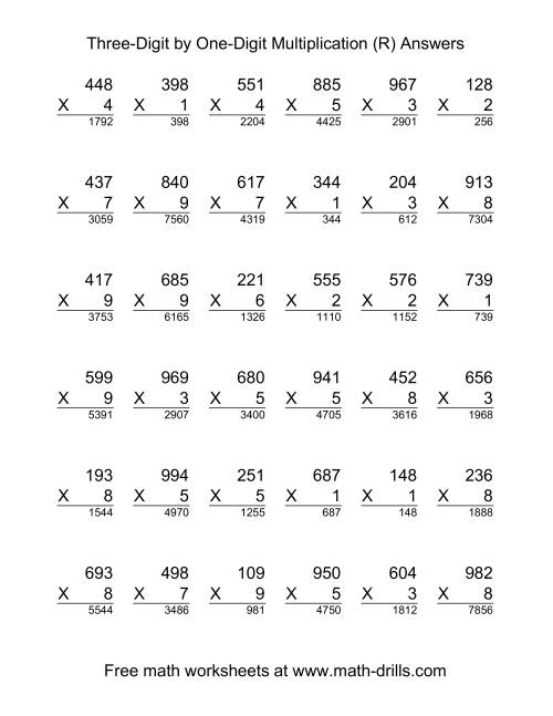 The Multiplying Three-Digit by One-Digit -- 36 per page (R) Math Worksheet Page 2