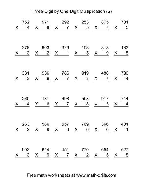 The Multiplying Three-Digit by One-Digit -- 36 per page (S) Math Worksheet