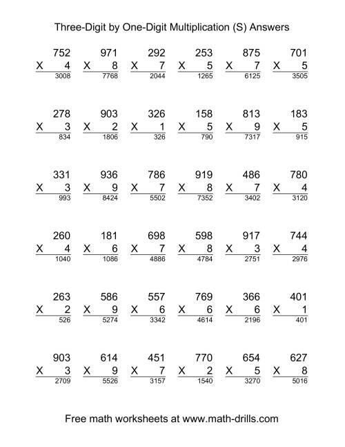The Multiplying Three-Digit by One-Digit -- 36 per page (S) Math Worksheet Page 2