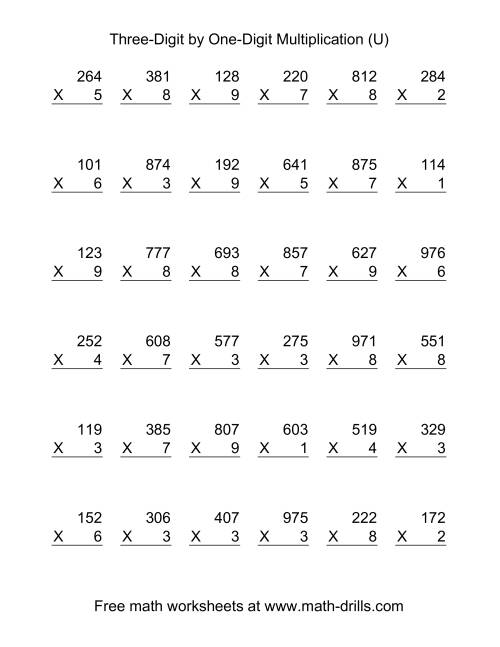 The Multiplying Three-Digit by One-Digit -- 36 per page (U) Math Worksheet